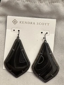 Kendra Scott Alexandra Gunmetal Earrings Black Banded Agate Statement Dangle BBA - Picture 1 of 3