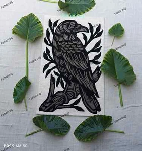 Black Crow Sitting On A Branch Hand Tufted Beautiful  Woollen Nice Viscose Silk - Picture 1 of 7