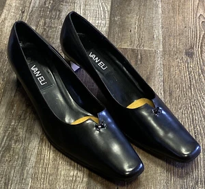 Vaneli Black Leather Lace Accent Low Block Heel Square Toe Pumps Size 9.5 M - Picture 1 of 6