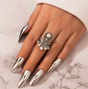 Schöner Silber Cocktail Ring mit Perlen & Kristall Akzenten Größe 6,5 - Bild 1 von 5