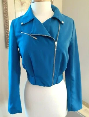 Chaqueta corta de moto Forever 21 para mujer azul cobalto ajustada primavera verano talla S Foto 1 de 4
