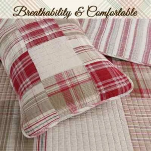 NEW! ~ COZY COUNTRY LODGE LOG CABIN RED BROWN STRIPE BEIGE TAN PLAID QUILT SET - Picture 1 of 6