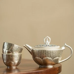 Silvering Pot Matching Tea Cups Ceramic Heart Sutra Lotus Design Buddha Style - Picture 1 of 12