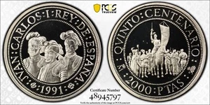 1991 Spain Silver 2000 Pesetas Federmann Quesada Belalcazar - PCGS PR 69 DCAM - Picture 1 of 2