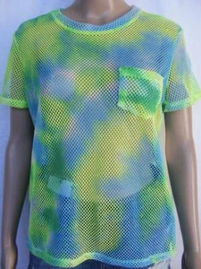 Acid Green Pastels Tie-Dye Fishnet Shirt S See-Thru Sexy Mesh Open Net Top NEW - Picture 1 of 5