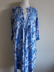 Woman Within 1X 22/24 Sky Blue Floral V-Neck 3/4 Sleeves Knit Casual Dress Nice - Picture 1 of 6