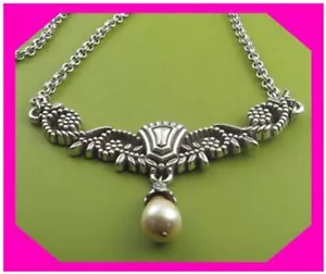 BRIGHTON RETIRED Vintage FLOWER PEARL Dangle Silver Collar NECKLACE Preloved - Picture 1 of 3