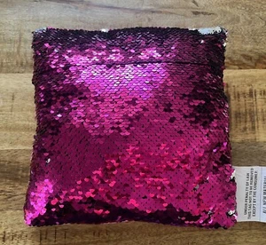 Girls Reversible Sequin Pillow 9" x 9" inch Square - Fleece w/ Pink and Silver - Picture 1 of 4