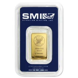 5 Gram Sunshine Mint .9999 Fine Gold Bar In Assay Mint Mark SI - Picture 1 of 4
