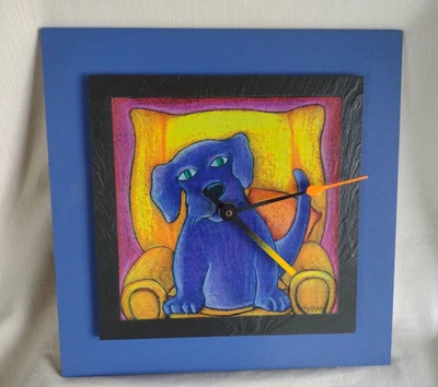 Vintage Colorful Dog Themed Hand Painted Slate Slab on Wood Wall Clock - Image 1 of 4