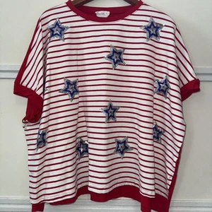 Fantastic Fawn Sequined Stars Red Stripes Fourth Of July Oversized Shirt SzS - Picture 1 of 10
