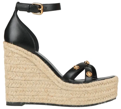 全新带盒 Versace Medusa 金色镶嵌黑色皮革厚底楔形凉鞋 41 11 $950 — 第 1/4 张图片