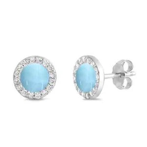 Halo Natural Larimar & Cz Stud Halo .925 Sterling Silver Earrings - Picture 1 of 2