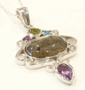 Sterling Silver Labadorite Cabochon & 4 Gemstone 1.5" x 1.5" Pendant +18" SS Nec - Picture 1 of 6