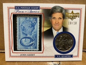 JOHN KERRY 2020 LEAF #/d 10/10 DECISION PIECES OF AMERICA STAMP & QUARTER GOLD