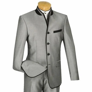 VINCI Men's Gray Sharkskin Banded Collar Slim Fit Tuxedo Suit NEW - Picture 1 of 3