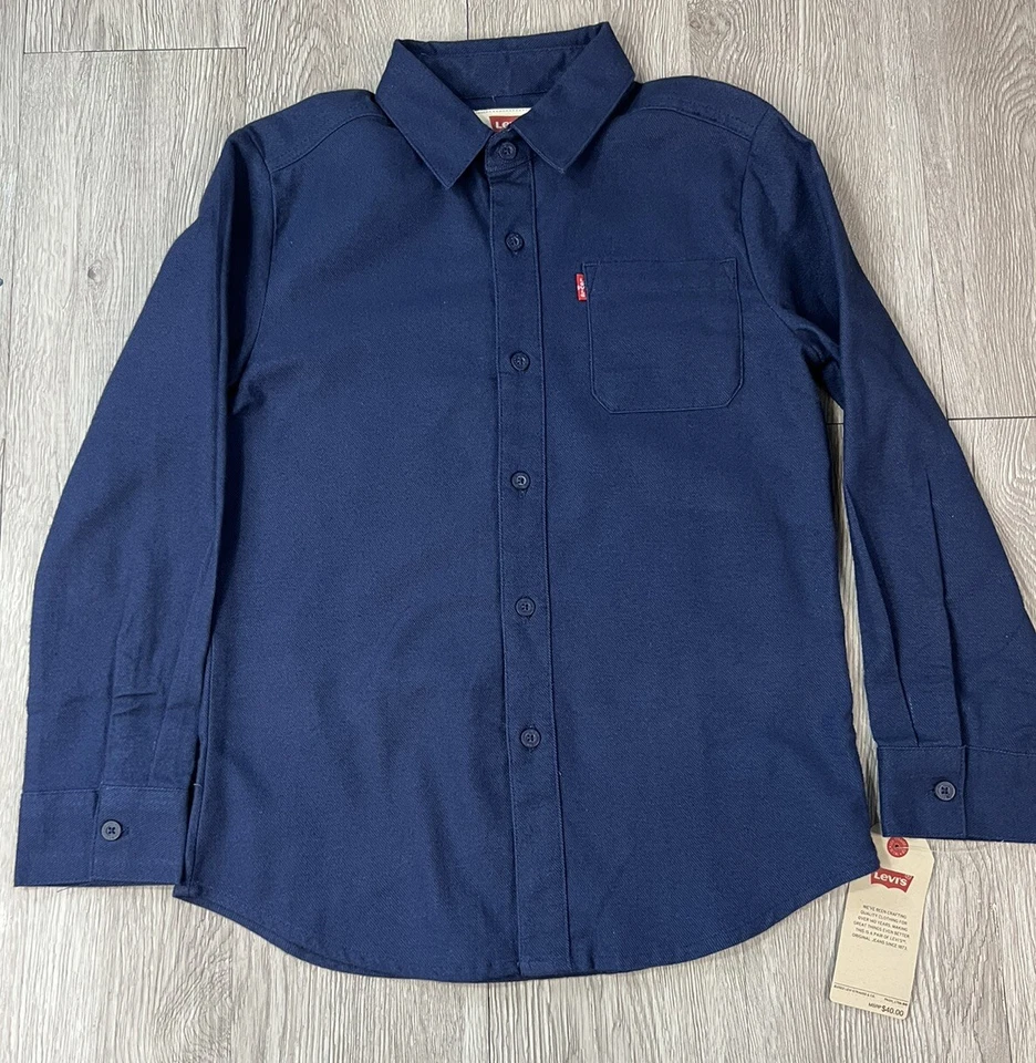 LEVI'S Big Boys Long Sleeve Regular Fit Woven Flannel Shirt Navy Blue Medium
