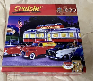 Master Pieces Cruisin' by Bruce Kaiser 1000 Piece Puzzle Dinner at the Red Arrow - Picture 1 of 6