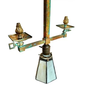 Antique Arts & Crafts Mission Transitional Chandelier Slag Glass Flame Gas Jets - Picture 1 of 13