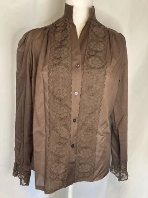 Vintage Button Down Womens S Brown Lace Blouse Prairie Peasant Cottage USA - Image 1 of 4