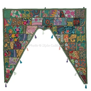 Indian Balcony Curtain Toran Door Hanging Green Patchwork Embroidered Ethnic - Picture 1 of 5