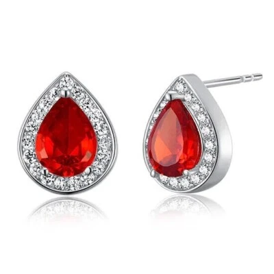 3Ct Pear Lab Created Red Ruby & Diamond Halo Stud Earrings 14K White Gold Plated - Image 1 of 4