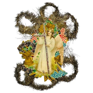 Vintage viktorianisches Lametta Weihnachtsschmuck gestanzter Engel geprägter Schrott 9,5" Höhe - Bild 1 von 9