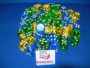 NUEVOS 12 DADOS ACRÍLICOS AMARILLOS, VERDES Y AZULES 16MM 3 COLORES 4 DE CADA COLOR - Imagen 1 de 10