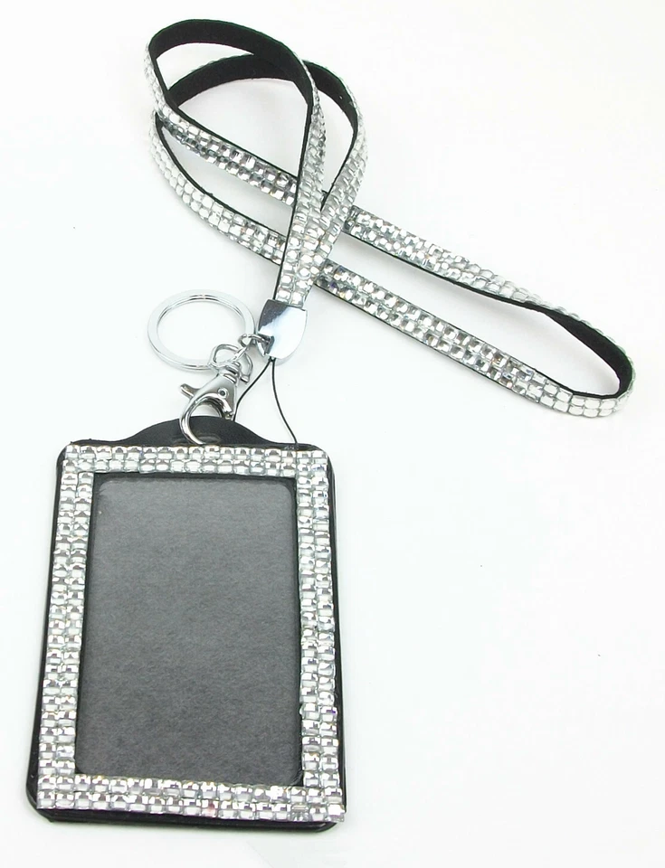 闪亮水晶水钻颈部挂绳带垂直照片身份证徽章夹  — 第 1/1 张图片