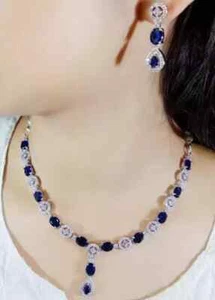 25Ct Oval Cut Blue Sapphire Bridal Set wh Gold Plated Earrings Necklace 18" - Picture 1 of 3