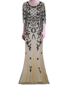 VIJIV Vintage 1920s 2/3 Sleeve Sequin Long Wedding Prom Dress, Black Beige, S - Picture 1 of 10