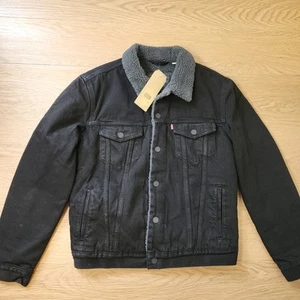 Levis Jacket Mens Small Black Denim Button Up Sherpa Lined Canvas Workwear NEW - Picture 1 of 10