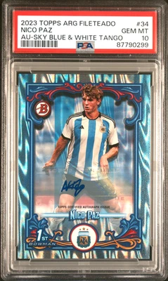 NICO PAZ 2023 TOPPS ARGENTINA #34 SKY BLUE & WHITE TANGO ROOKIE AUTO /99 PSA 10 - Image 1 of 2