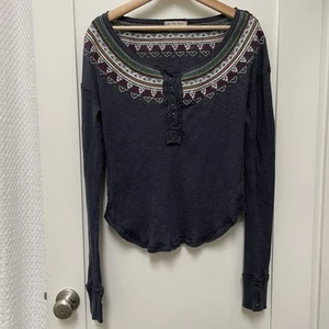 Free People Women’s Size Medium Fair Isle Thermal Embroidered Henley Blue Boho - Picture 1 of 7