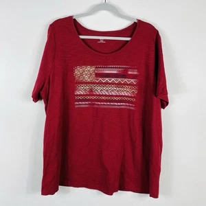 Catherines Petite 0X 14 16 American Flag Graphic T-Shirt Tee Top Red Cotton - Picture 1 of 5