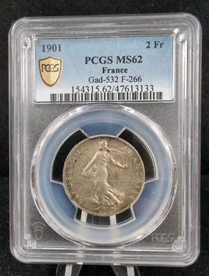 Francia 1901 2 francos graduación profesional MS62 Gad-532 F-266 #5936 Foto 1 de 2
