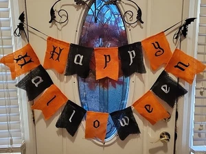 Happy Halloween Burlap Pennant Embroidered Letter Banner Flags Bats - Picture 1 of 8