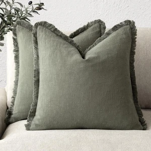 Set of 2 Decorative Linen Fringe Throw Pillow Covers Cozy Boho Farmhouse Cush... - Picture 1 of 7