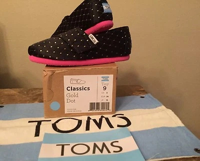 Toms Girls Shoes Flats Slip On Satin Black / Pink Gold Polka Dots: Size Tiny 9 - Image 1 of 3