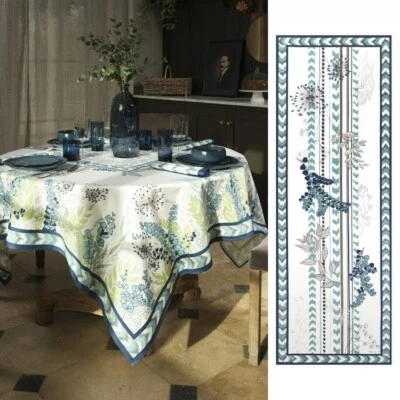 BEAUVILLE, EUCALYPTUS INDIGO, FRENCH SATIN COTTON TABLE RUNNER 20" X 59", NEW - Image 1 of 4