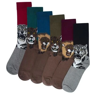 6 Pack Mens Animal Roar Socks Cotton Rich Designer Socks - Lion Tiger Leopard