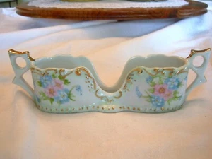 Vintage Hand-Painted PORCELAIN SPOON HOLDER Pink & Green Flowers Gold Accents - Picture 1 of 6