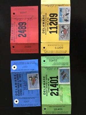  4 Delaware Hunters & Trappers License Lot with 4 Stamps One with Federal Stamp - Image 1 of 4