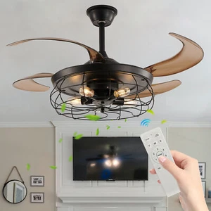 48" Black Caged Ceiling Fan Light Farmhouse Flush Mount with Remote Control kit - Picture 1 of 13