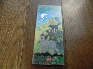 SWEET mixed media art Farm Animals Rooster Donkey Dog Moon Stars 9.25" x 4"OOAK - Picture 1 of 5
