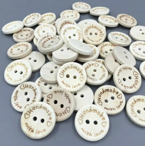 50X Beige Wooden Buttons Sewing “handmade”“with love” Scrapbooking Crafts 20mm - Picture 1 of 1