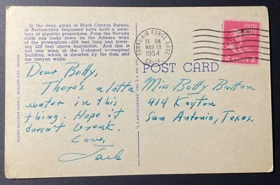 Parks Air Force Base, Cal. Post Card mailed Mar 13, 1954 to San Antonio, TX - CA - Image 1 of 2