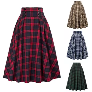 Women Tartan Swing A-Line Skirt Check Plaid Long Maxi Skirt High Waist Dresses ` - Picture 1 of 17