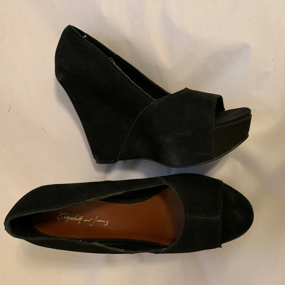 Zapatos ELIZABETH & JAMES Mujer Negro Gamuza Cuña PeepToe Tacones PLATAFORMA Talla 6.5 Foto 1 de 4