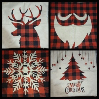 4 Pillow Covers 16x16 Linen Farmhouse - Christmas Trees, Deer  Buffalo Plaid - Image 1 of 4